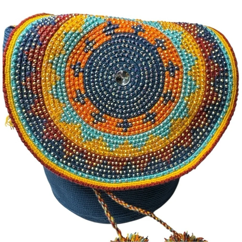 Wayuu Crystal Medallion Crochet Pom Pom Bag Flap Top